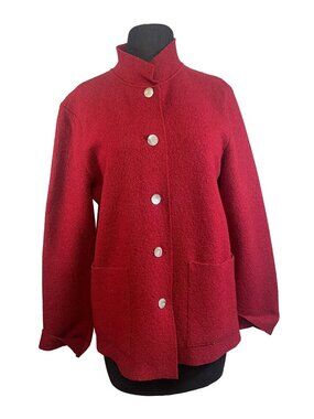 Red Button Front Wool Jacket Womens USA Made Small High Neck Two Patch Pockets